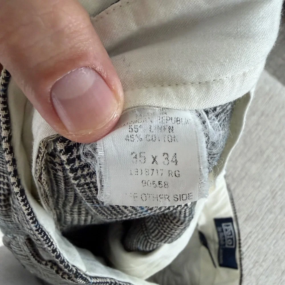 Polo Ralph Lauren Mens Glen Plaid Linen Cotton Pleated Cuffed Pants 35x26.5‎